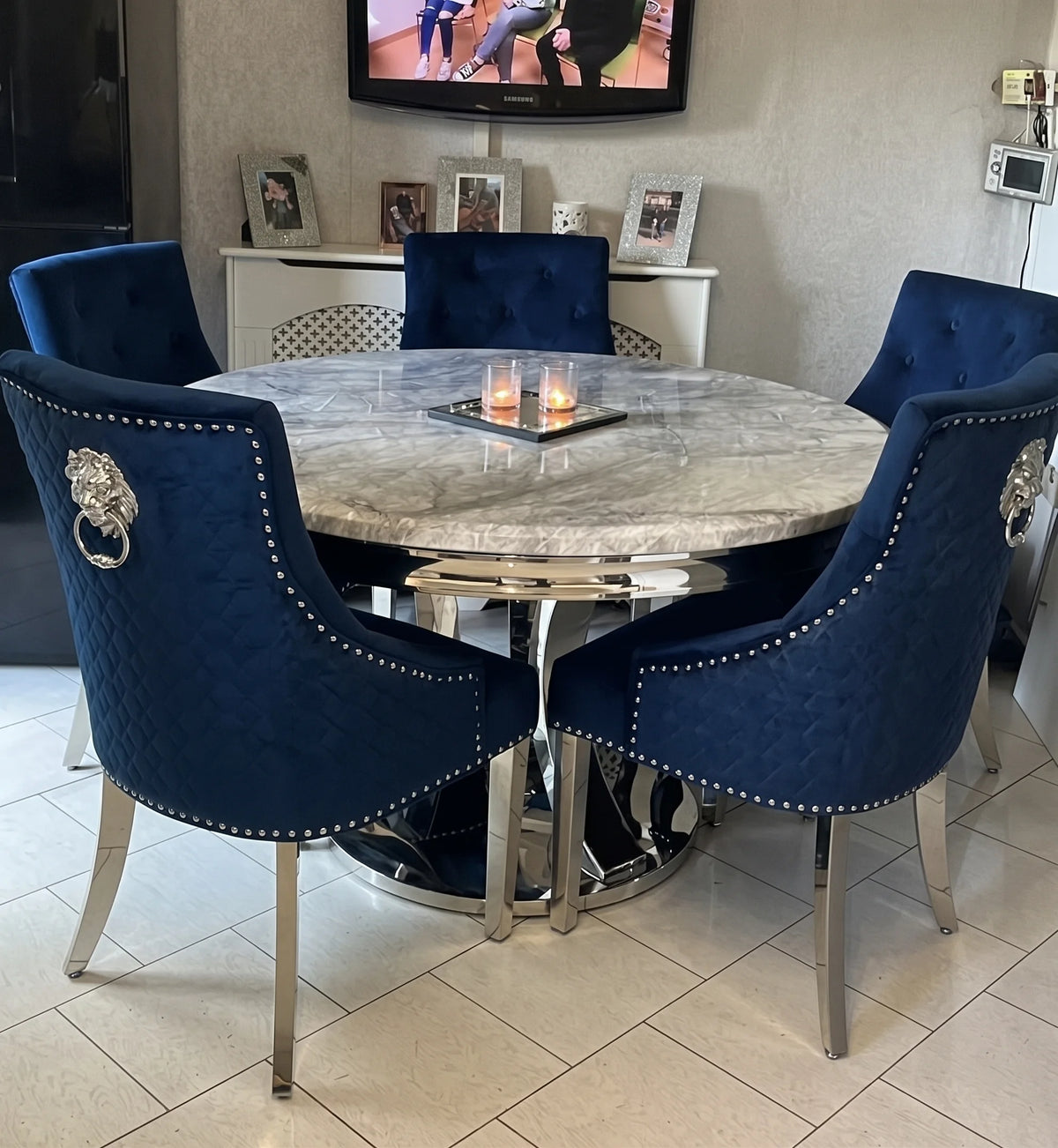 Luxury Round Grey Marble Dining Table with 4 Navy Velvet Knocker Chairs