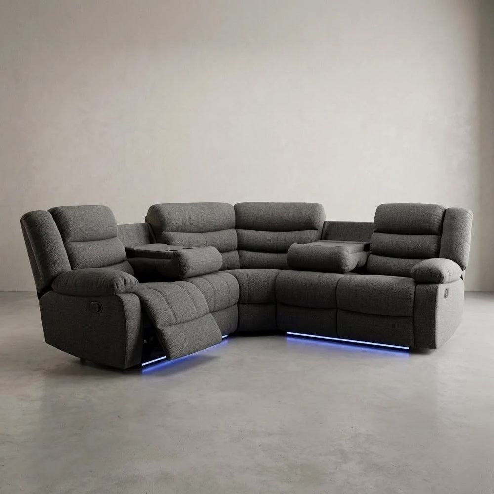 Sorreno Fabric Reclining Corner Sofa with Drop-Down Storage Consoles & LED Lighting