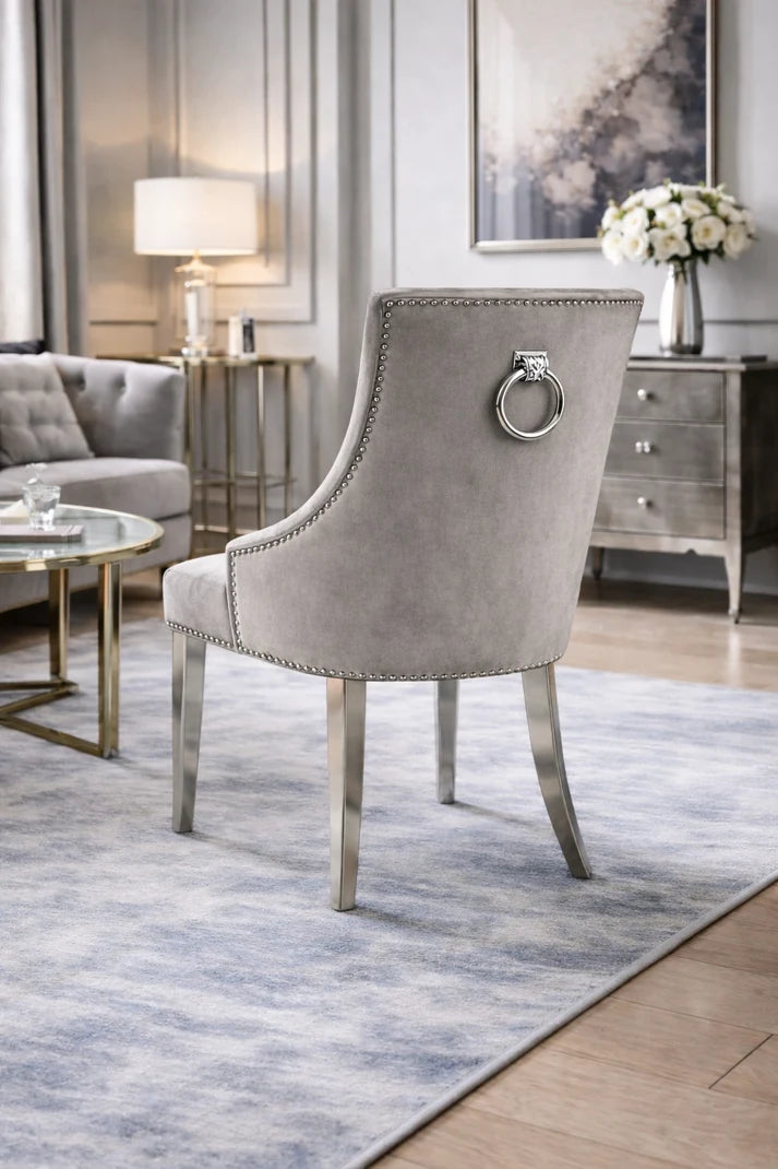 Jessica Luxury Dining Chair – Grey Velvet, Chrome Ring Pull & Studded Trim Detail