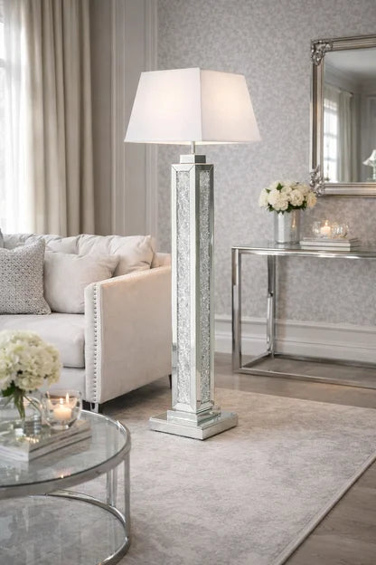 Crushed Diamond Mirrored Column Floor Lamp with White Tapered Fabric Shade (158cm)