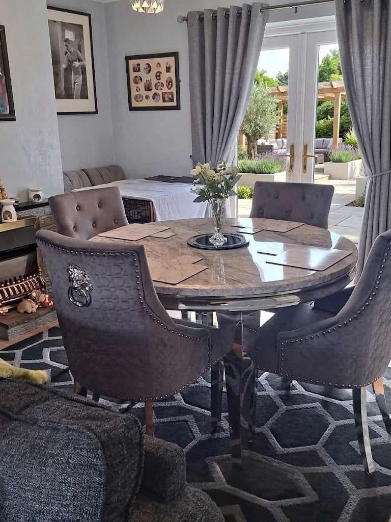 Louis 1.3m Round Chrome Dining Table – Grey Marble Effect (130cm)