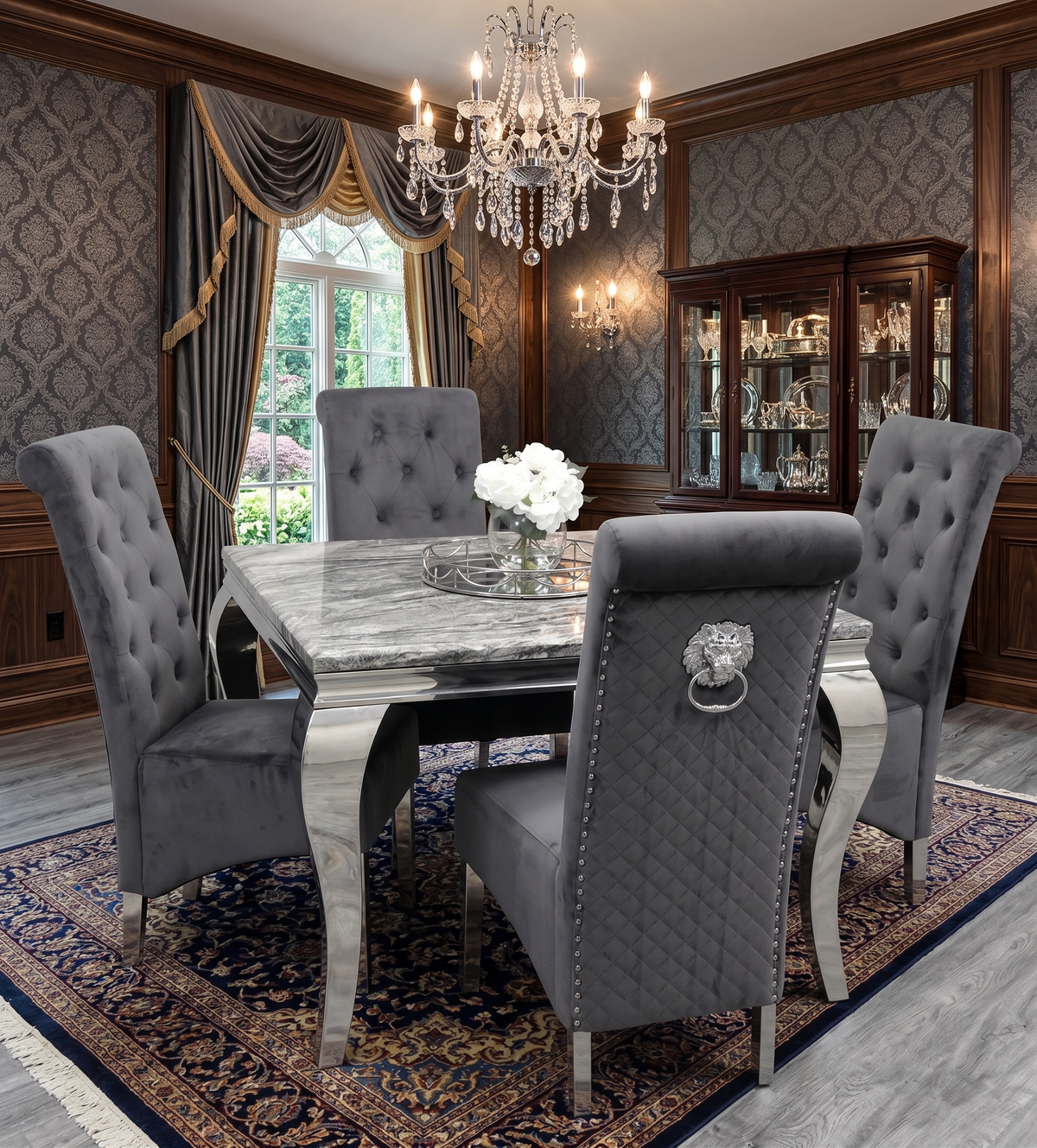 Louis chrome dining table set with velvet knocker-back chairs