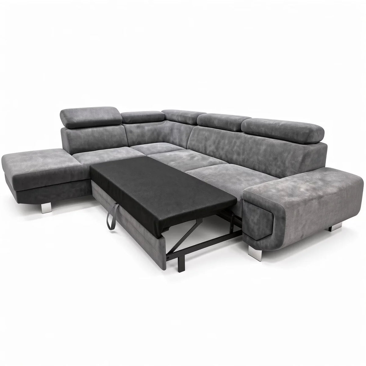 A modern gray fabric sectional sofa with a chaise on the left and a central ottoman/table, shown on a clean white background.