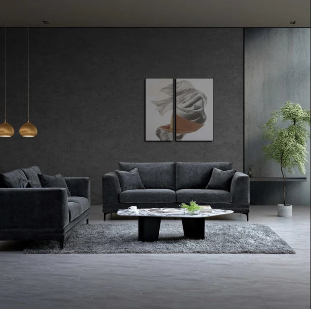 The Noir Velvet 3+2 Seater Sofa Set – Dark Charcoal