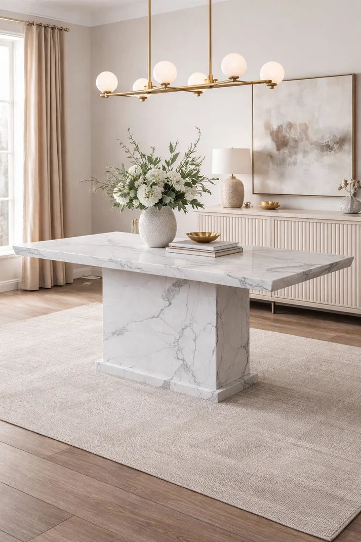 White Marble Dining Table – 1.5m Rectangular Marble Pedestal Dining Table (150 x 90cm)