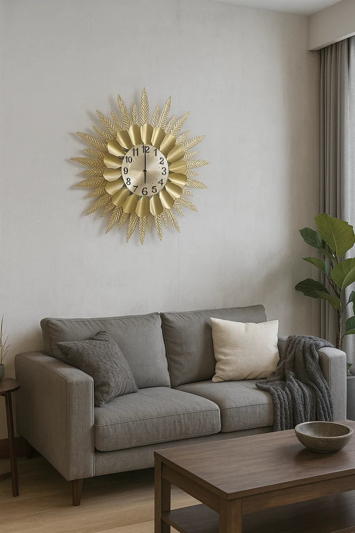 Golden Leaf Sunburst Wall Clock