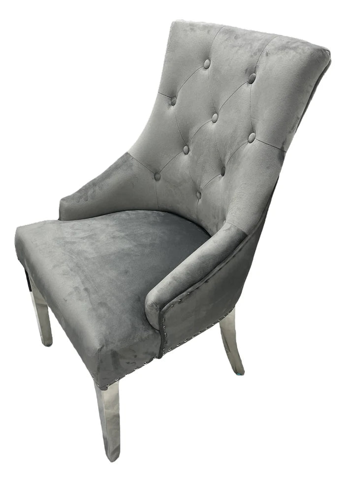 Jessica Luxury Dining Chair – Grey Velvet, Chrome Ring Pull & Studded Trim Detail