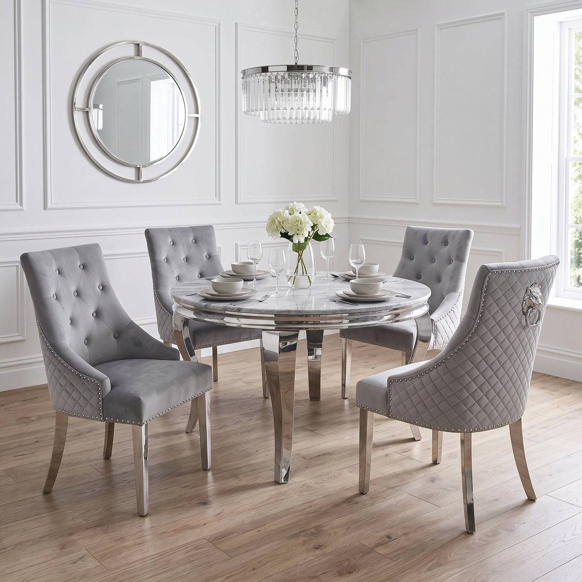 Louis 1.3m Round Dining Set with Bentley Grey Velvet Chairs