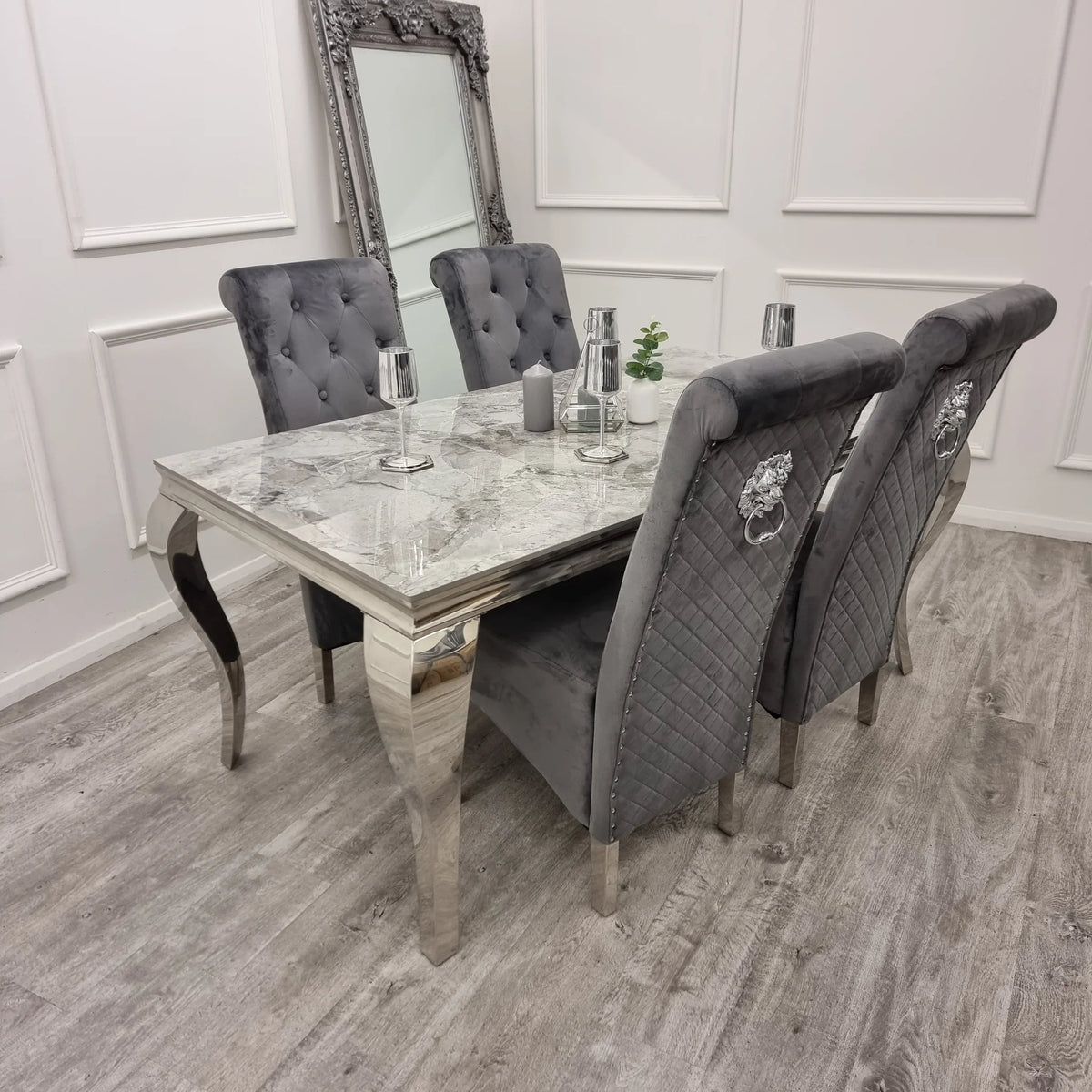 Louis Chrome Rectangular Dining Table Set with Velvet Knocker-Back Chairs (1.2m & 1.5m