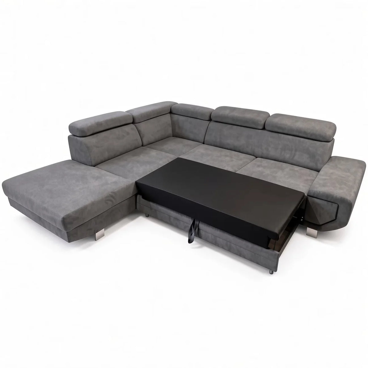 A gray fabric sectional sofa with a chaise lounge and an extended black rectangular ottoman or coffee table in front, photographed on a clean white studio background.