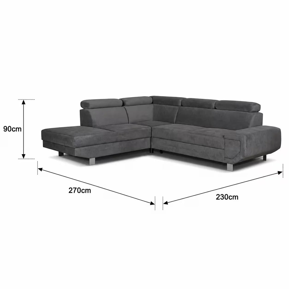 Dark gray L-shaped sectional sofa with dimension annotations showing 270cm width, 230cm depth, and 90cm back height on a white background.